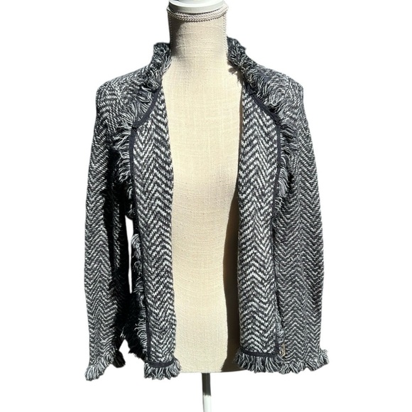 🌻Chico's Soft Tweed Wool Blend Blazer Jacket Cardigan Fringe Trim Size Small - Picture 9 of 12